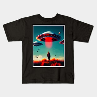 Woman and Aliens Ufo, digital Art Kids T-Shirt